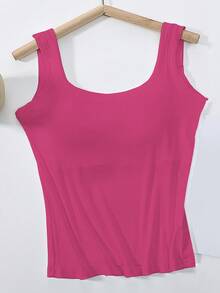 1pc New Year/Valentine's Day U-Neck Removable Padded Slim Fit Casual Fuchsia Basic Camisole Top, Versatile For Layering - Hot Pink - View 6