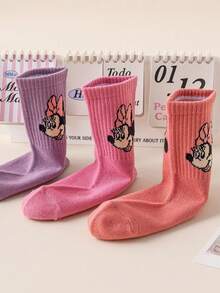 Disney 3/6 Pairs Mouse Kids Crew Socks, Cute Cartoon Pink Purple Spring Summer Mid-Calf Socks For Girls - Multicolor - View 9
