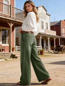 Women's Fashionable Straight Leg Army Green Jeans, Long Design With Pockets, Zipper And Button, Medium Stretch, Very Comfortable - Army Green - View 3