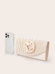 Champagne Satin Pleated Clutch With Satin Rose Applique - Apricot - View 1