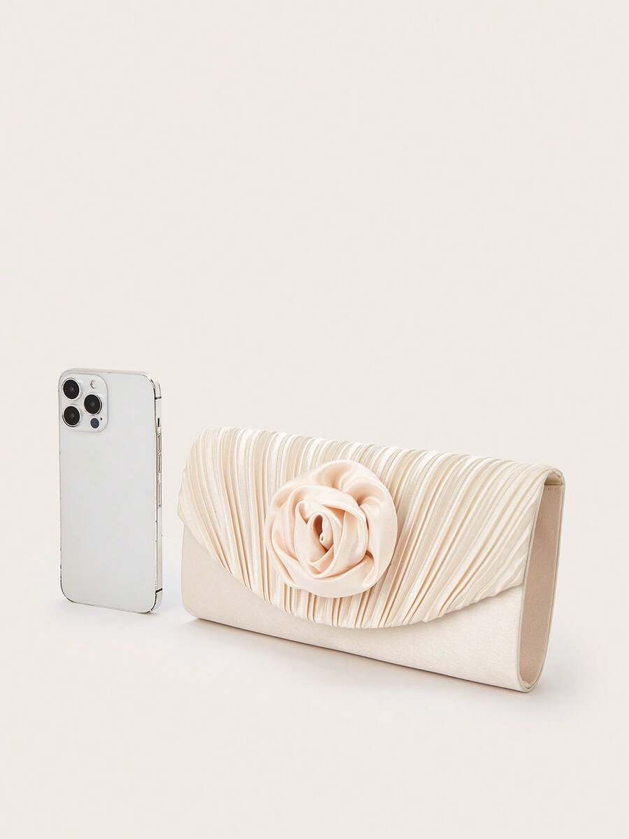 Champagne Satin Pleated Clutch With Satin Rose Applique - Apricot - View 1
