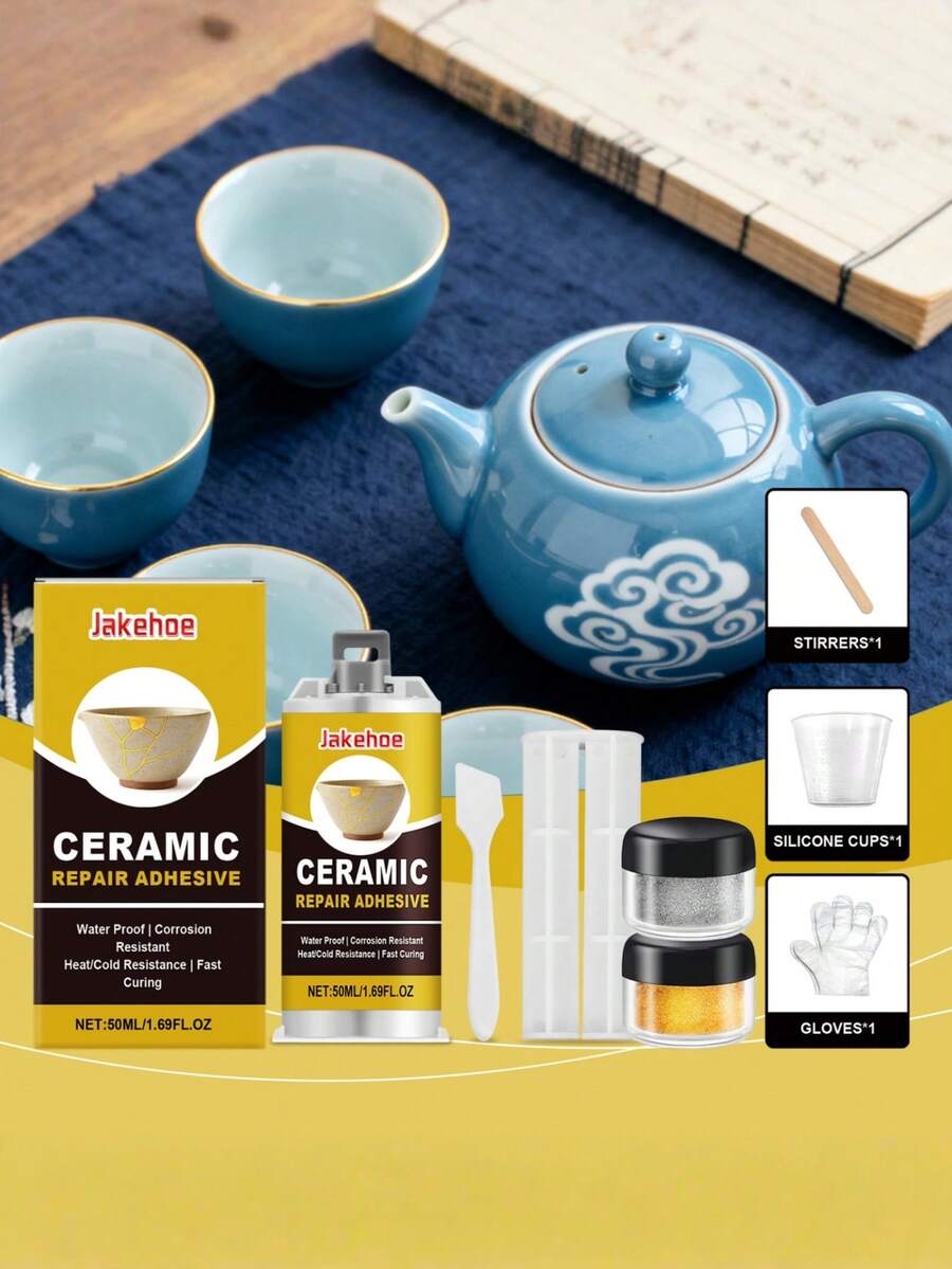Ceramic Repair Kit, Gold Adhesive Deeply Bonds Broken Ceramics, Glass Cracks, Artistic Texture - A - View 1