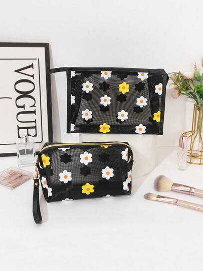 1 pieza Bolsa de cosméticos con cierre de cremallera, de gran capacidad, de malla de nailon con estampado floral, organizador portátil para maquillaje, toallas, cepillo de dientes, etc., adecuado para viajes, playa, dormitorio, graduación, cumpleaños, Día de la Madre, San Valentín, regalo de Año Nuevo