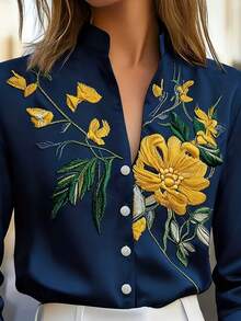 Floral & Leaf Embroidered Front Button Casual Long Sleeve Shirt Spring - Blue - View 2