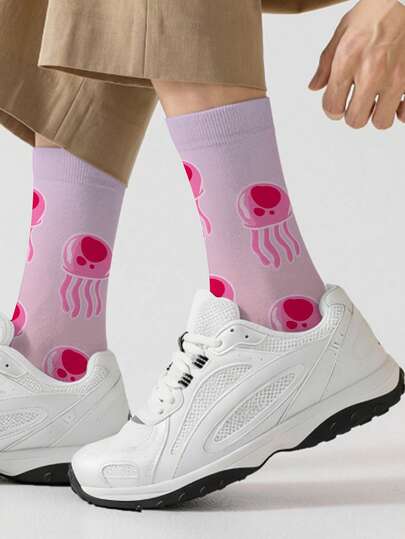 1 par de calcetines de hombre de Pascua 360 - Estampado divertido de todo el diseño con medusas, suaves, cómodos y muy elásticos, estos elegantes calcetines casuales de estilo urbano hip-hop 360 son perfectos como ropa de compresión, calcetines de San Valentín o calcetines holgados de maternidad