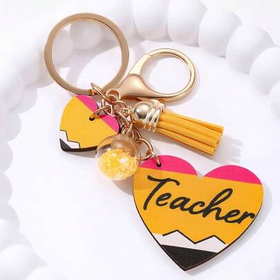 1pc Unisex Heart-Shaped Wooden Keychain With Tassel, Fashion Graduation Gift For Teacher, Teacher's Day Present