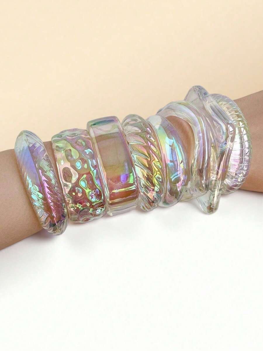 5/8pcs Set Personalized Transparent Iridescent Acrylic Bracelet, Exaggerated Asymmetrical Crease Thick Bangle, Niche Jewelry For Women