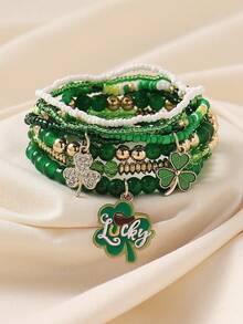 8pcs/Set Bohemian Clover Openable Box Heart Pendant Beaded Bracelet Stacking Bracelets, Suitable For Women Beach Holiday Casual Party Club Accessories - Green - View 15
