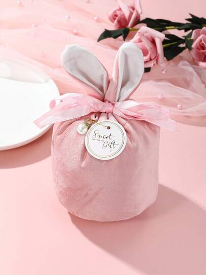 1pc Easter Bunny Ear Gift Bag, Plush Pink Rabbit Gift Pouch With Pearl Bow Decor, Sweet Romantic Gift Choice, Surprise Gift For Best Friend's Birthday
