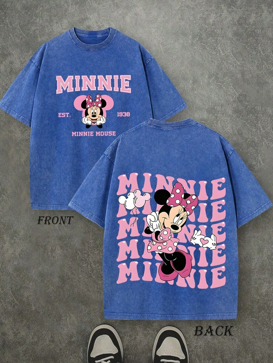 Disney Authorized | Retro Minnie Mouse Mommy T-Shirt -100% Cotton Washed Unisex Short Sleeve Casual Shirt-Machine Washable-Perfect Summer Birthday Gift For Fans-Daily Comfort-Classic Print Durable. - Màu xanh lam - Xem 1