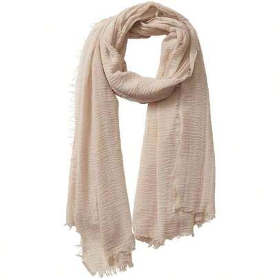Cotton Blend Crinkle Vintage Soft Scarf With Fringed EdgesFashion Lightweight Scarf Shawl Travel Scarf Beige