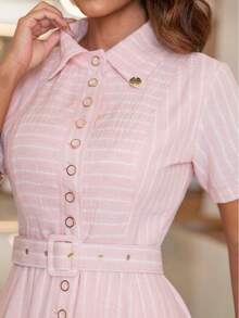 Rubia Maxi Midi Modesto Striped Shirt Dress – 100% Polyester Santorini, Functional Front Buttons And Belt - Rosa - 查看 4