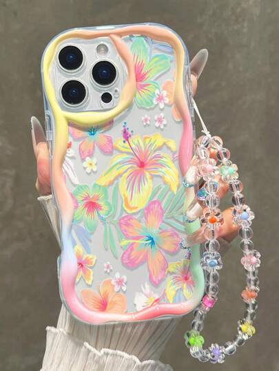 Floral Painted Flat Printed Cream Wavy Edge Detachable Bracelet Minimalist Shockproof Thick Phone Protective Case Printed Suitable Compatible With Iphone 17/17 Pro/17 Pro Max/ 16 XR/7/8 15 Pro Max/12 Pro Max/13 Pro Max/14 Pro Max 13 14 11 12P 14 P11 Soft Shell P12 Anti-Drop XS.XR /78P.78GES2, Suitable For A134G A22 A21S A514G A52 S22 ULTRA A335G, A34 A35 Suitable For 10 Note 114G 11 Lite A53 TPU A14 /A23/S23 ULTRA S24 A14 A15 S23 A73 A55 A54 Phone Case