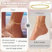 Plus Size Gold Ankle Bracelets For Women Big Ankles, Adjustable Ankle 14K  Plated Cuban Link Chain  Snake Herringbone Extra Large Anklet Bracelets,Summer Beach Foot Jewelry 10-12inch - 10+2吋點陣 - 查看 2