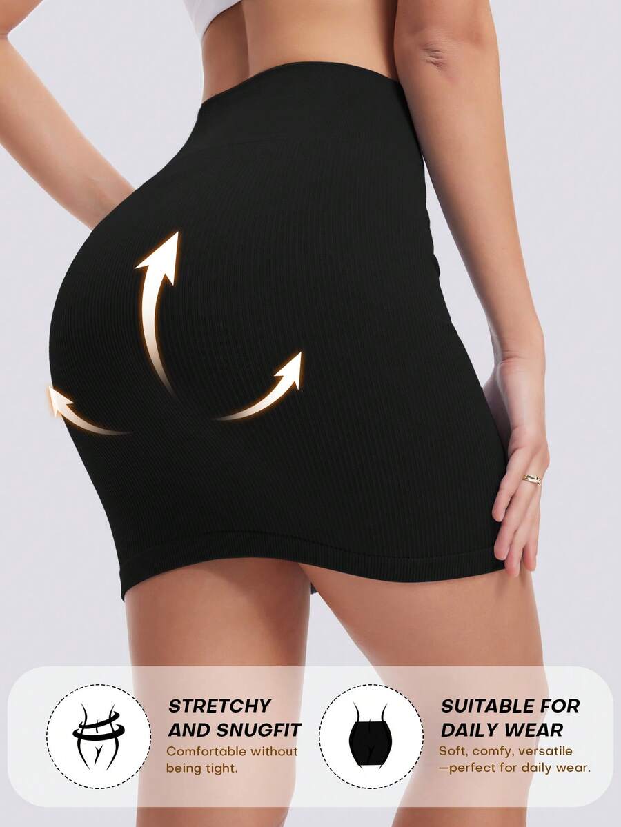 女士性感高腰休闲百搭紧身迷你塑身裙，弹力罗纹短裙，修身塑形紧身裙，收腹纯色裙 - 黑色 - 查看 1