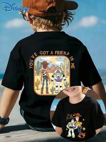 Disney Boy And Girl Casual Fashion Short-Sleeved T-Shirt, Featuring A Cartoon Character Woody And His Friends' Scene. Suitable For Party Outfits And Daily Wear. - màu đen - Xem 1