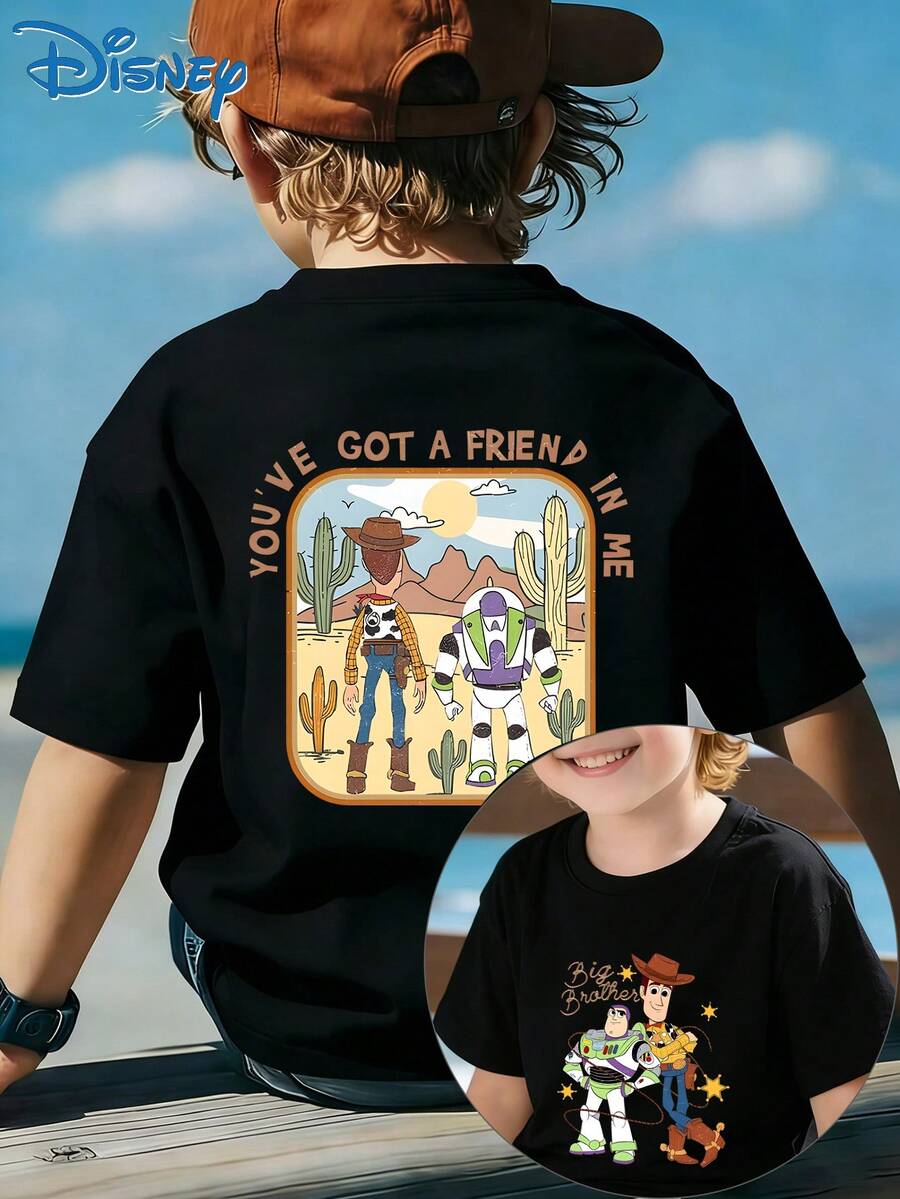 Disney Boy And Girl Casual Fashion Short-Sleeved T-Shirt, Featuring A Cartoon Character Woody And His Friends' Scene. Suitable For Party Outfits And Daily Wear. - 黑色 - 查看 1