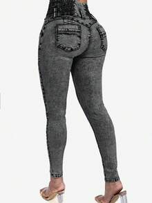 1 pieza Jeans de ajuste ceñido mejorados procesados con técnica de lavado especial, casual de vacaciones de primavera - Gris Oscuro - Ver 3