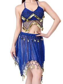 一套女士肚皮舞服装，包括雪纺薄纱亮片流苏裙和手工亮片珠饰流苏系带露背上衣，亮片裙采用纱丽风格，适合锐舞派对、狂欢节表演。也适合节日、派对、夜店、海滩、异域风情服饰装饰、波西米亚风、复古风等场合。 - 彩色 - 查看 12