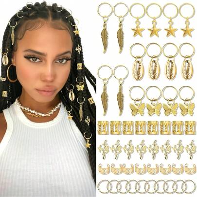 50 piezas Conjunto de joyería para el cabello dorada, mariposa, estrella, pasador para el cabello, abrazadera para trenzas, anillo, accesorios para el cabello con conchas, adecuado para mujeres y niñas