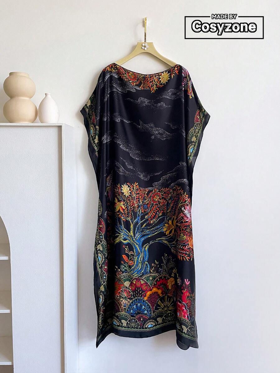 一件优雅印花轻薄雪纺长袍，女士夏季沙滩罩衫，丝滑围巾披肩，适合日常穿着 - 黑色 - 查看 1