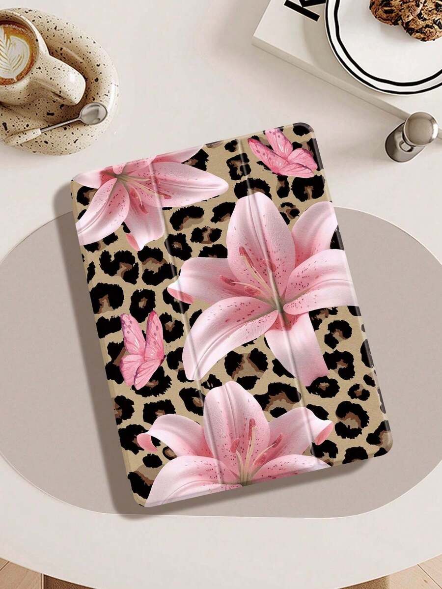 Leopard Lily Flower Pattern Compatible With  Protective Case, Compatible With  Air 4/5 (10.9 Inch), Compatible With  7/8/9 (10.2 Inch), Built-In Pencil Slot, Also Fits Tab S6 (10.4 Inch), Tab A7 Lite (8.7 Inch), Leather Protective Cover, Ideal Gift For Back To School, Valentine's Day, New Year - 查看 1