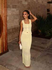 FOR BEAUTY Spring/Summer New Arrival Women's Solid Yellow Knit Two Pieces Set Wavy-Hem Youthful Knit Cardigan Paired With Long Knit Skirt With Belt Elegant Vacation-Ready Style, Perfect For Beach Getaways And Everyday Outings Vacation Set, Women's Summer Clothing, Women's Vacation Outfits, Women's Beachwear - Yellow - View 3