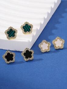 3pcs Geometric Square & Heart Zirconia Stud Earrings Set, Elegant Fashion Jewelry Suitable For Holidays And Commuting - Gold - View 5