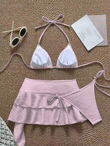 3 piezas Conjunto de bikini casual de tela especial para fiesta en la playa, ropa de playa de unicolor para vacaciones de verano - Rosa - Ver 2