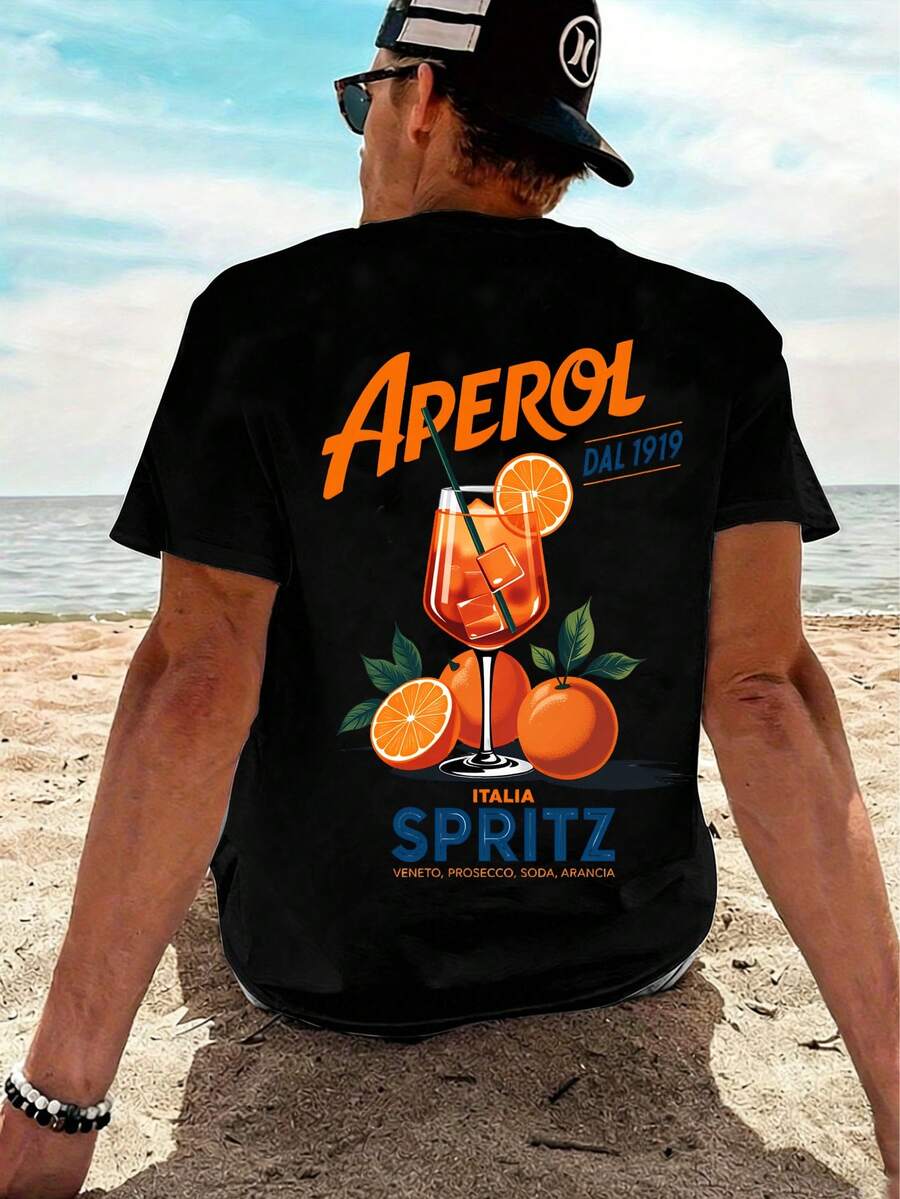T-Shirt With Aperol Spritz Motif, Short Sleeve, Made Of Pure Cotton, Unisex, Casual Wear, Cocktail Print, Streetwear, Suitable For Leisure Holidays And Sporting Activities, A Great Gift For Friends, Men's Summer Clothing. - màu đen - Xem 1