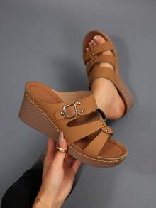 Sandalias de cuña con suela gruesa antideslizante y punta abierta para mujer, cómodas y casuales, tipo slip-on para verano, playa y exterior - Amarillo - Ver 4