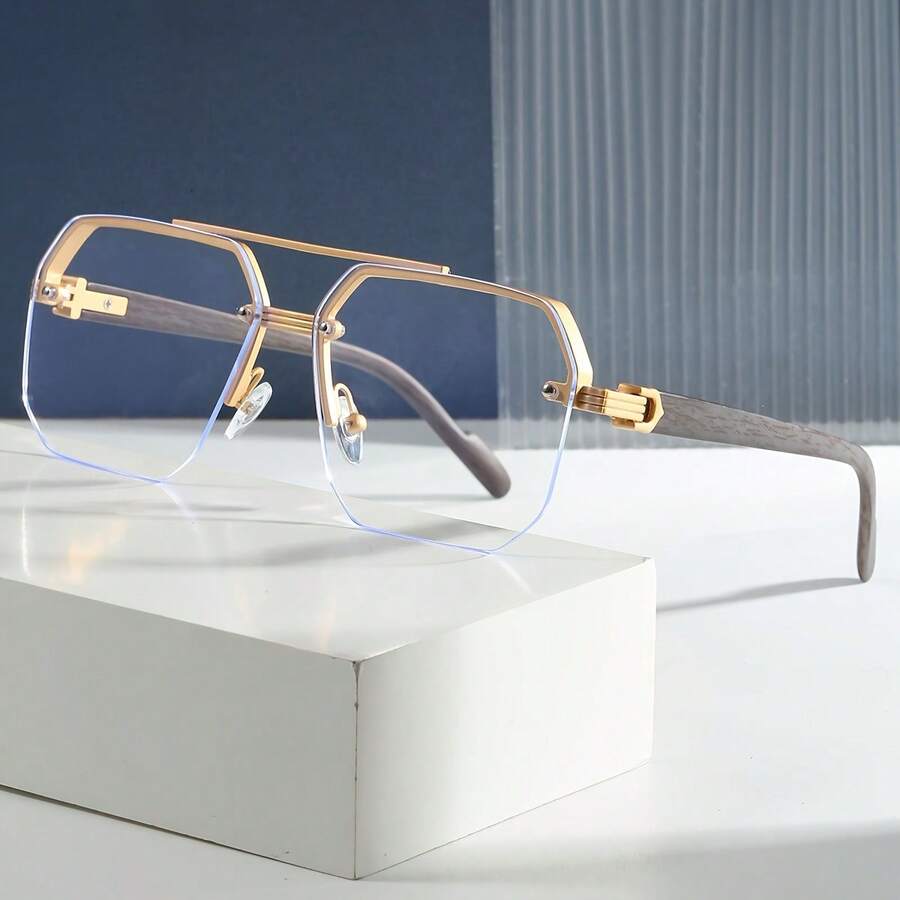 2025 New Fashion White Flat Glasses With A Polygonal Frame That Makes The Face Appear Smaller, Very Suitable For People Who Often Stare At Electronic Screens On Computers And Phones - 金色 - 查看 1
