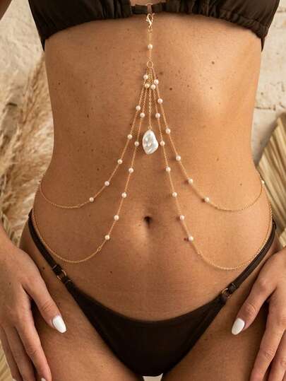 1pc Women Multi-Layer Pearl Body Chain, Sexy Gold Waist Chain Accessory For Bikini Swimsuit