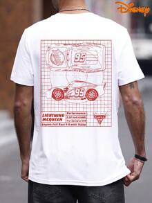 Disney Men's Casual T-Shirt, Lightning McQueen Car Blueprint Sketch Print, Retro Racing Design, Comfortable Fit, Perfect For Nostalgic Style & Casual Daily Wear - trắng - Xem 3
