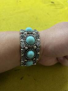 1 pieza Nuevo brazalete de estilo bohemio único y personalizado con turquesa, joyería para mujer - Plateado - Ver 4