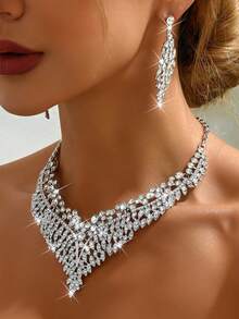 3件套几何不规则形状新娘女士时尚闪亮水晶项链套装，奢华珠宝套装，适合婚礼、高端宴会、高端晚礼服。 - 首飾套裝 - 查看 5