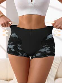 Bragas de compresión alta con botones delanteros para mujer, diseño de encaje estampado que controla el abdomen y levanta las caderas, ropa interior moldeadora cómoda - Negro - Ver 4