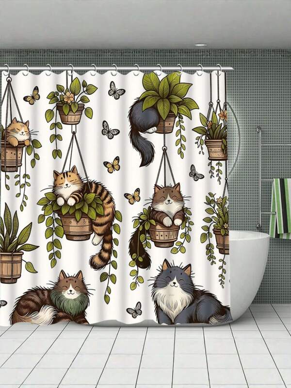 1/4 pièces Ensemble de rideau de douche avec motif de plantes de chat et crochets, rideau de douche imperméable, tapis de couvercle de toilette, tapis de salle de bain antidérapant, tapis de bain en forme de U, accessoires de décoration de salle de bain