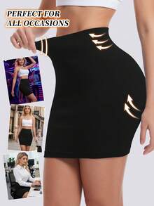 女士性感高腰休闲百搭紧身迷你塑身裙，弹力罗纹短裙，修身塑形紧身裙，收腹纯色裙 - 黑色 - 查看 4