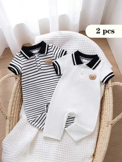 Bộ 2 món đồ mặc nhà mùa hè cho bé trai/bé gái, kiểu dáng thường ngày, họa tiết đen trắng kẻ sọc, gồm áo liền quần cổ polo và áo liền quần tay ngắn màu trắng, thích hợp cho các chuyến đi chơi, kỳ nghỉ và các hoạt động ngoài trời.