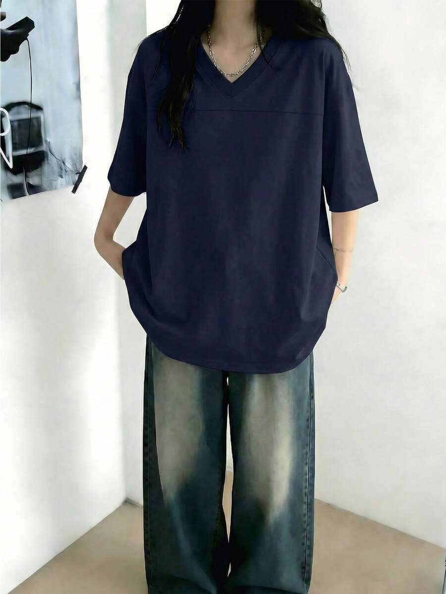 女士宽松V领短袖纯色T恤，春夏休闲款 - 藏蓝色 - 查看 1