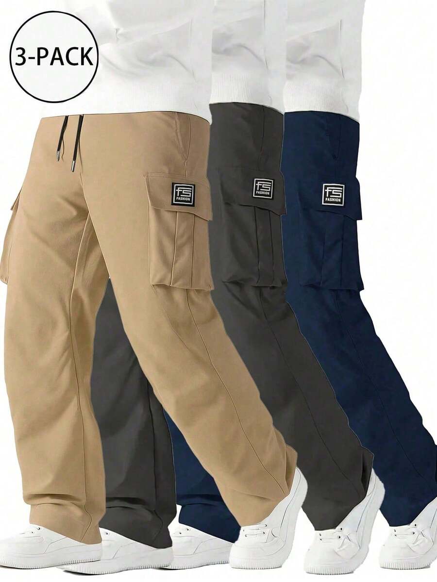 3 piezas Pantalones cargo casuales y ligeros para hombres, pantalones largos de ajuste holgado para exteriores, primavera/verano - Multicolor - Ver 1