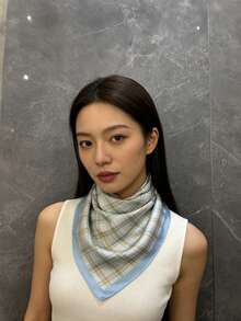 1条女士JF格子休闲涤纶时尚印花围巾，春季 - 淺藍色 - 查看 6