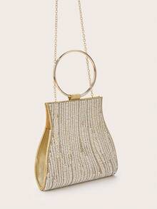 Gold Rhinestone Beaded Clutch With Metal Ring Handle - Gold - View 9