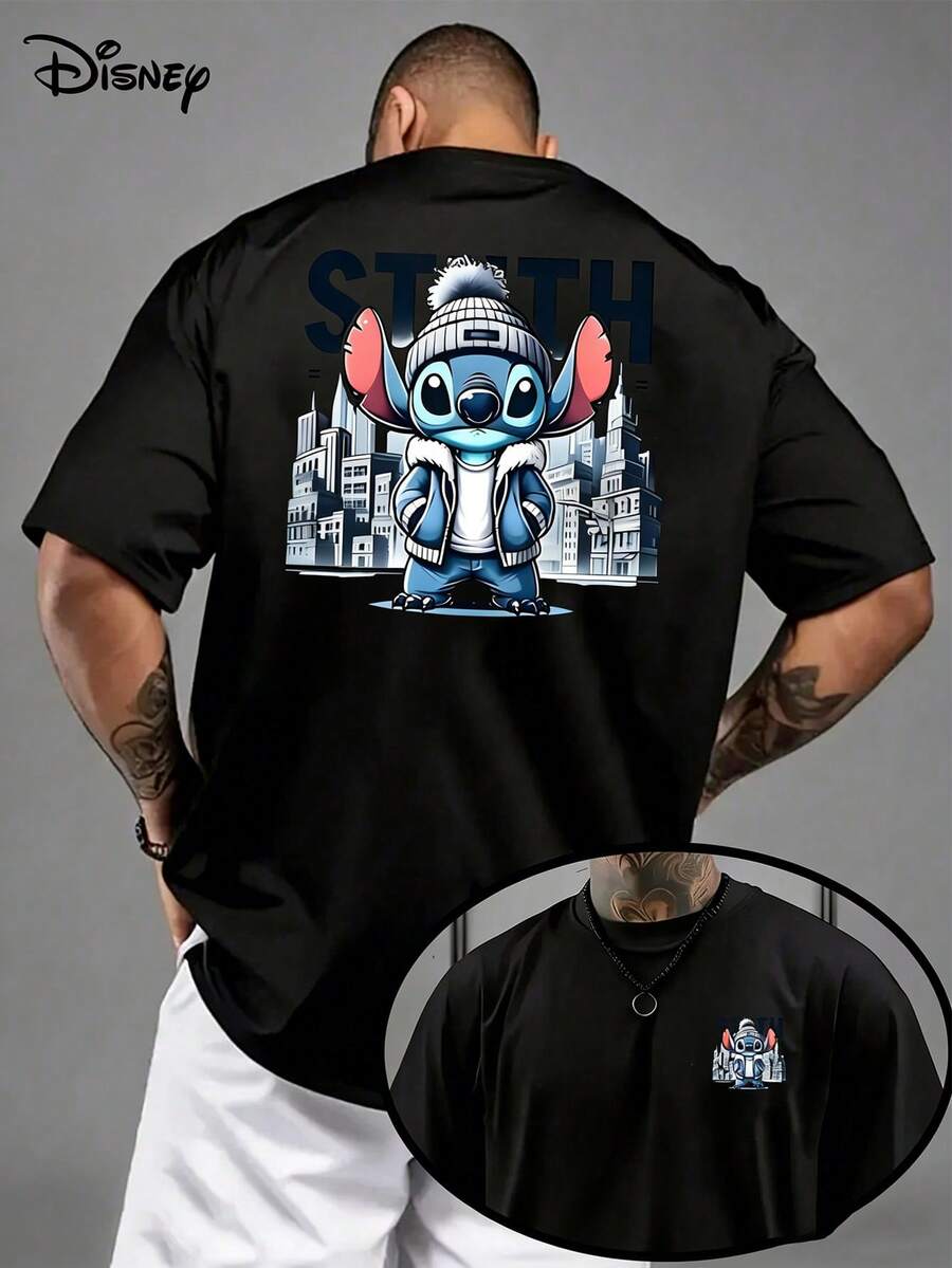 Disney Official Licensed Stitch Urban Winter Cool Style Graphic T Shirts 100 Percent Cotton Disney Shirt 220g Cotton Crew Neck Unisex Tee - 黑色 - 查看 1