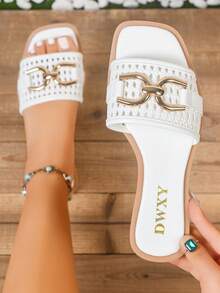 Women's Fashion PU Leather Woven Hollow Square Toe Flat Sandals, Vacation & Home Wear, Summer Metal Buckle Wide Strap Slides - White - View 2