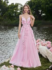 Faeriesty Đầm maxi dây mảnh thanh lịch với chất liệu vải voan mỏng và chi tiết ren chéo lưng, thích hợp cho đám cưới ngoài trời, chụp ảnh lãng mạn bên hồ, chụp ảnh cưới, lễ đính hôn và tiệc kỷ niệm ngày cưới. - Hồng - Xem 6