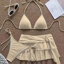 3 piezas Conjunto de bikini casual de tela especial para fiesta en la playa, ropa de playa de unicolor para vacaciones de verano - Naranja - Ver 6