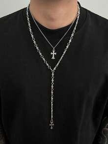2件套哥特朋克风十字架吊坠项链套装，Y型链上镶嵌水钻十字架吊坠，复古摇滚设计，百搭日常、休闲、街头、婚礼、派对、节日等场合，男女皆宜的时尚首饰礼品 - 項鍊 - 查看 2
