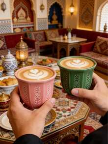 1个250毫升/8.5盎司阿拉伯陶瓷咖啡/抹茶杯 - 郁金香浮雕花卉图案马克杯，绿色、粉色和蓝色哑光釉面，适合盛装咖啡、抹茶和茶 - 彩色 - 查看 1